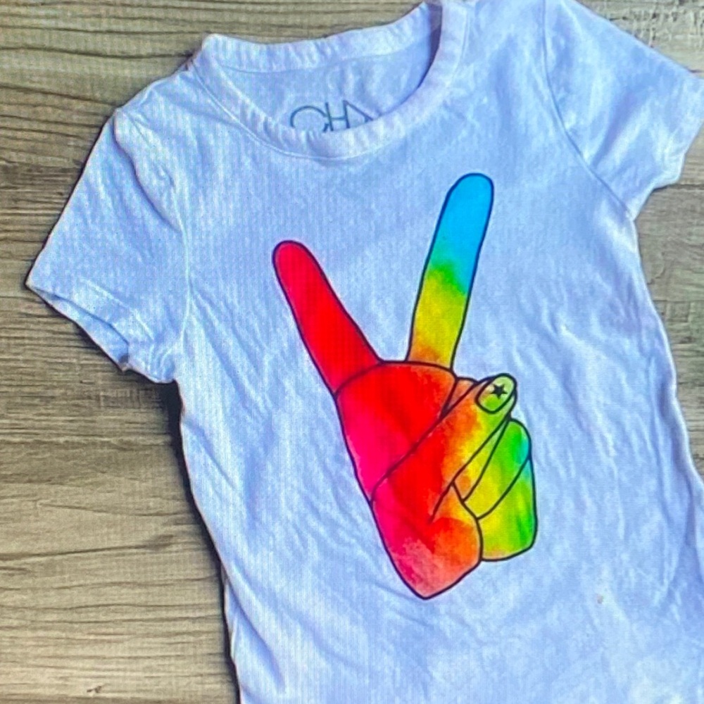 Chaser White Tee with Rainbow Peace Sign